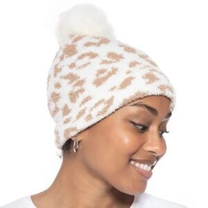 Jenni Fuzzy Jacquard Pom Pom Beanie Hat White Brown Animal One Size New